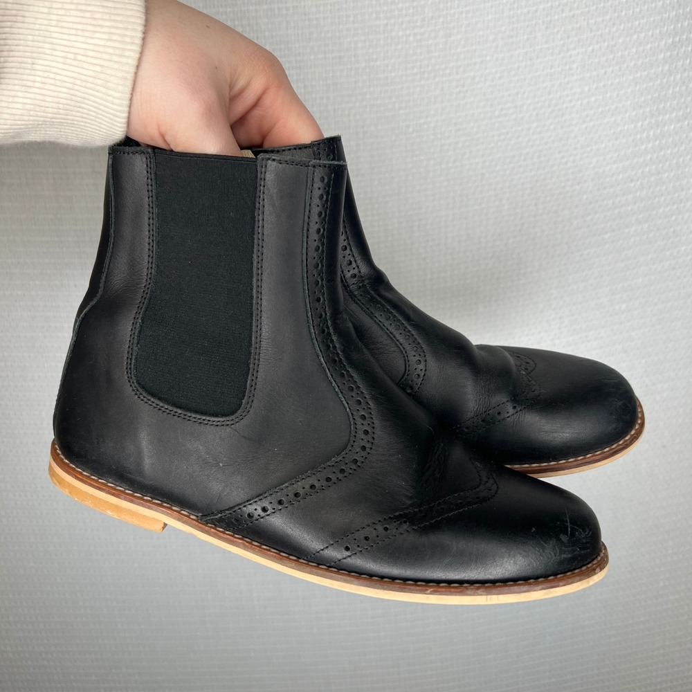 Jolee Handmade‎ in Spain Black Leather Wingtip Brogue Chelsea Boots Womens 37